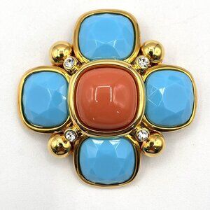 JOAN RIVERS Maltese Brooch Faux Turquoise & Coral Cabochon Brooch 2.25"